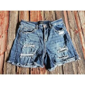 Judy Blue Shorts L Blue Denim Medium Wash Mid Rise Distressed Fray Hem